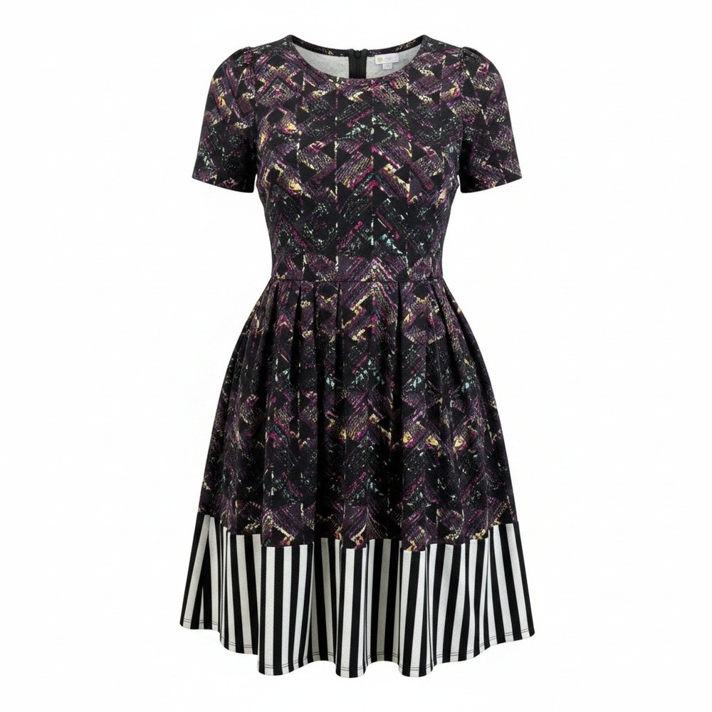 LuLaRoe Amelia Dress Womens Medium Black Multicolor Geometric Stripe Pockets